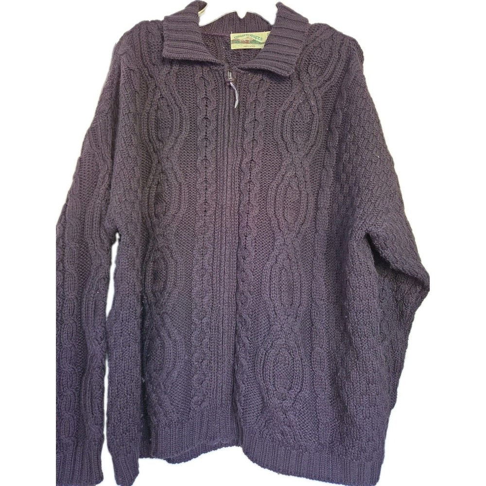 Aran Crafts Sweater Mens/ Womens Purple Full Zip Collar Merino Wool Cable Knit